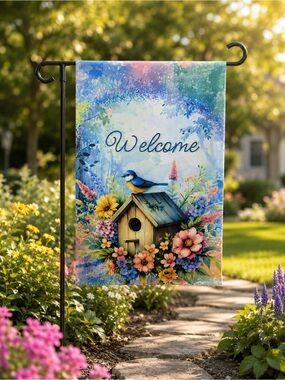 Floral Birdhouse Garden Flag 12x18 – Double-Sided Spring Yard Decor